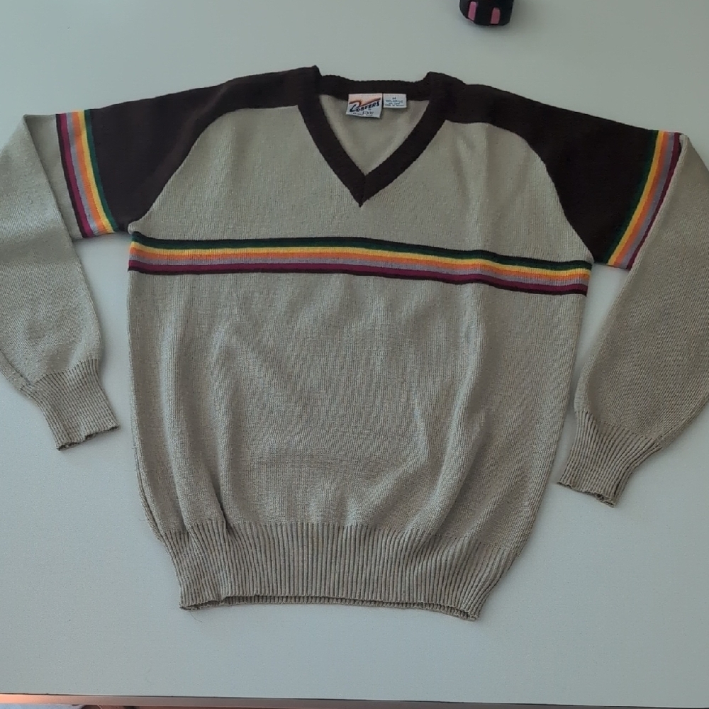 Rare Vintage 70s Men's Beige and Brown Sweater with Rainbow Stripes